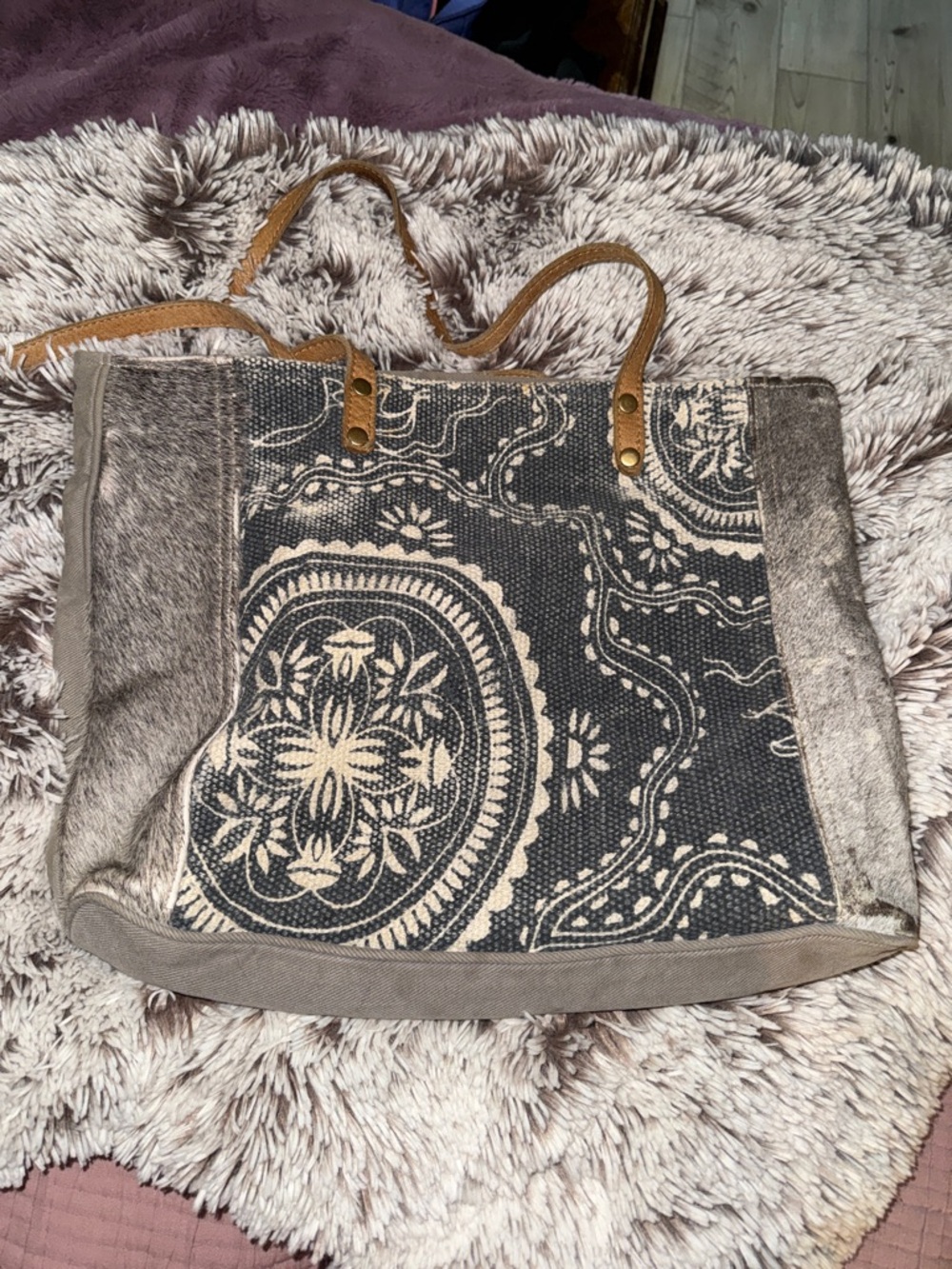 Myra Bag Navy & Cream Boho Canvas Tote with Leather Straps